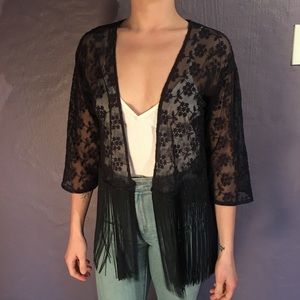 Sheer cardigan floral embroidery and fringe